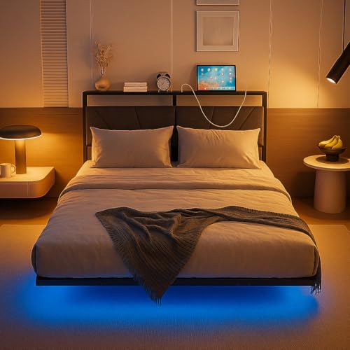 HOJINLINERO Floating Full Size Bed Frame with Headboard&Storage Shelf,Ergonomic Full Bed Frames with USB Charging&LED Lights,Platform Bed Frame Noise-Free Metal Slats | Modern Bedroom Design HOJINLINERO
