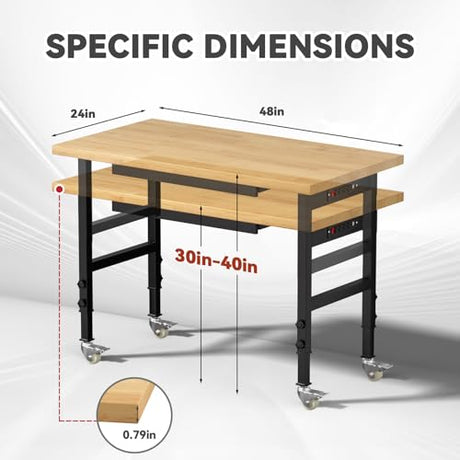 Granper 48" Heavy Duty Solid Wood Work Bench, Work Table with Drawers, Portable Garage Workbench with Wheels and Power Outlet, 3000 LBS Load Capacity, Rolling Tool Workbench for Workshop, Office, Home Granper
