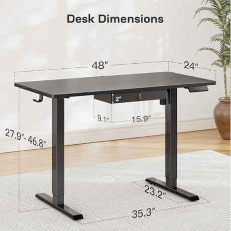 Marsail 48x24 Electric Standing Desk with Drawer, Computer Desk, Sit Stand Office Table with Storage & Hooks & Cable Management, Ergonomic Height Adjustable Table for Home Office, Black Marsail