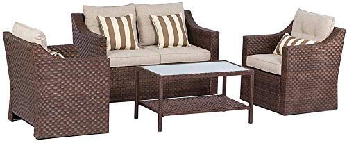 SOLAURA Patio Furniture Set Outdoor Conversation Set All Weather Wicker Furniture 4 Pieces Sectional Sofa Set with Tempered Glass Coffee Table-Brown SOLAURA