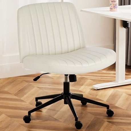 DUMOS Criss Cross Chair with Wheels, Legged Office Armless Wide Desk Seat Dual-Purpose Base, Adjustable Swivel Leather Task Vanity Home Office Desk Seating, Cream DUMOS