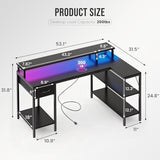 DUMOS 53” Gaming Desk with USB Charging Ports & LED Lights, Reversible L Shaped Desks Computer Corner Gamer Table with Power Outlets Monitor Stand Storage Shelves for Home Office Small Space, Black DUMOS