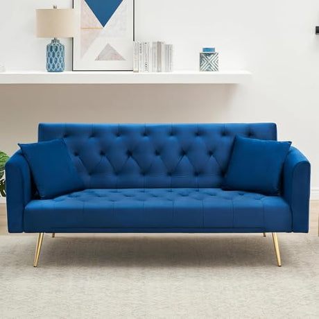 Majnesvon 71" Convertible Folding Sleeper Sofa Couch,Modern Velvet Loveseat Sleeper with 2 Pillows, Futon Sofa Bed with Mattress and Frame for Living Room,Bedroom,Small Space (Blue) Majnesvon