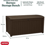 Keter Borneo 110 Gallon Resin Backyard Deck Box, Lockable Patio Storage Bench and Outdoor Poolside Accessory Organizer, Brown Keter