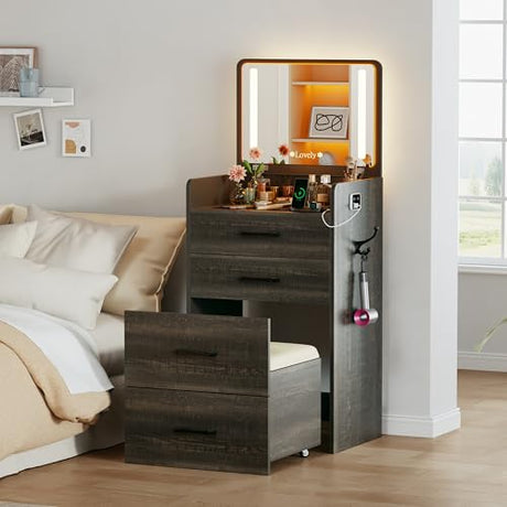 Lvifur 3 in 1 Vanity Desk with Flip Top Mirror and Lights,Glass Top Compact Vanity with 3Drawers &Rolling Stool, Modern Small Makeup Vanity Table w/Charging Station,Bedroom,Rustic Oak Lvifur