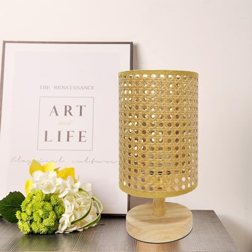 AFORTLO Table Desk Lamp,Small Rattan Hollow-Out Bamboo Boho Decorative Nightstand Night Light Solid Wood Base Lamp for Bedroom,Living Room,End Table or Office with Bulb(Rattan Hollow-Out) - WoodArtSupply