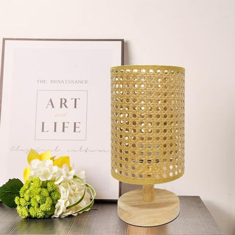 AFORTLO Table Desk Lamp,Small Rattan Hollow-Out Bamboo Boho Decorative Nightstand Night Light Solid Wood Base Lamp for Bedroom,Living Room,End Table or Office with Bulb(Rattan Hollow-Out) AFORTLO