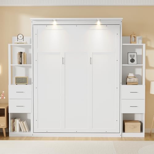 PVWIIK Queen Size Murphy Bed with 4 Drawers and Foldable & Led & Shelf,Foldable PlatformBed Vertical Wall Bedframe for Small Space/Bedroom/Guest Room,White PVWIIK