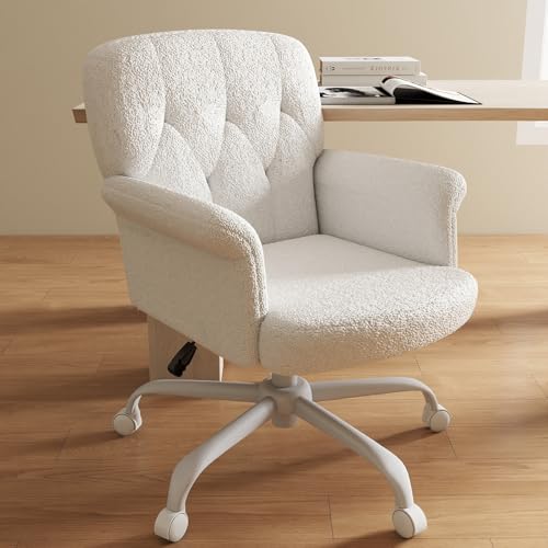 Keratee Teddy Fleece Office Chair, Comfy Home Office Desk Chair with Adjustable Height & 360° Swivel, Ergonomic Computer Chair for Long Hours, Multi-Functional Vanity/Makeup Chair, White Keratee