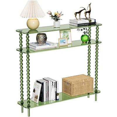 Dewrhiixe Acrylic Console Table Narrow, 3 Tier Long Entryway Table with Storage, Mid-Century Modern Sofa Table Entry Table for Living Room, Hallway (Green, 39.4“×9.4”×35.4“)