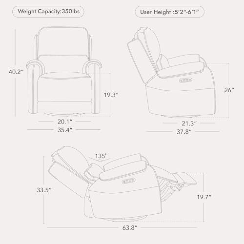 Watson & Whitely Power Recliner Chair W 3-Level LED Night Light, Swivel Glider Nursery Rocking Chair W Lumbar Pillow for Living Room, Oeko-TEX & FSC Certified, Fabric Sand