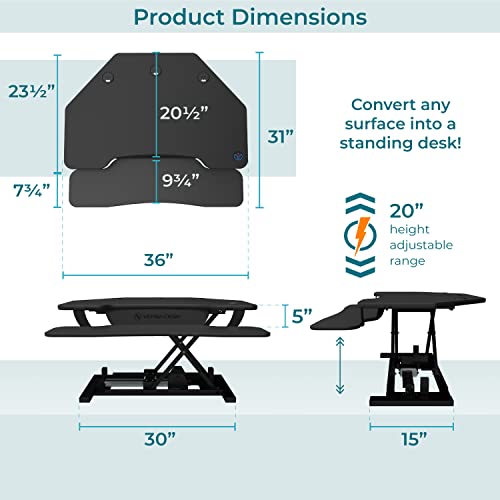 VERSADESK® PowerPro™ 36" Corner Standing Desk Converter, 36 Inch Motorized Height-Adjustable Standup Desk Riser Sit to Stand Desktop with Keyboard and Mouse Tray + USB Charging Port, Black VERSADESK