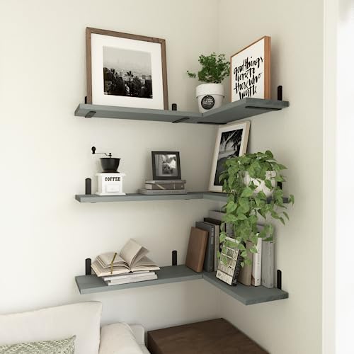 WOPITUES Floating Shelves Set of 6, Rustic Farmhouse Wood Shelves for Wall Decor, Bathroom Shelves, Book Shelves for Living Room-Grey