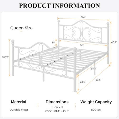SHA CERLIN Queen Size Bed Frame with Headboard,Metal Bed Frame with Butterfly Pattern Design Headboard & Footboard,No Box Spring Needed,Easy Assembly,White SHA CERLIN
