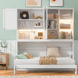 MERITLINE Twin Horizontal Murphy Bed with Storage Cabinet, LED Light and Charging Station,Wood Folding Murphy Wall Bed Cabinet with Bookcase and Shelves for Adult (White) MERITLINE