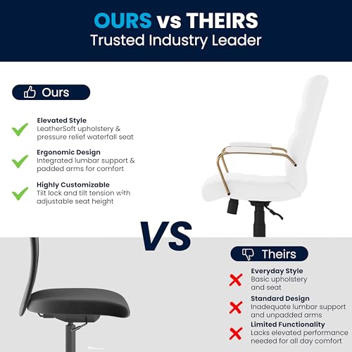 Flash Furniture Whitney Mid-Back Swivel LeatherSoft Desk Chair with Padded Seat and Armrests, Adjustable Height Padded Office Chair, White/Gold Flash Furniture