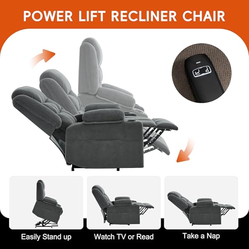 Ketaiyou Electric Power Lift Recliner Chair Sofa with Massage and Heat for Elderly, USB and Type-C Ports, Cup Holders, Infinite Position (Dark Grey, Regular)