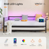 VINGLI Metal Twin Daybed with Pop Up Trundle Bed, Day Bed Frame with Charging Station and LED Lights for Living Room Guest Room or Bedroom, Black Daybed with Steel Slats for Adults, Teens and Kids VINGLI