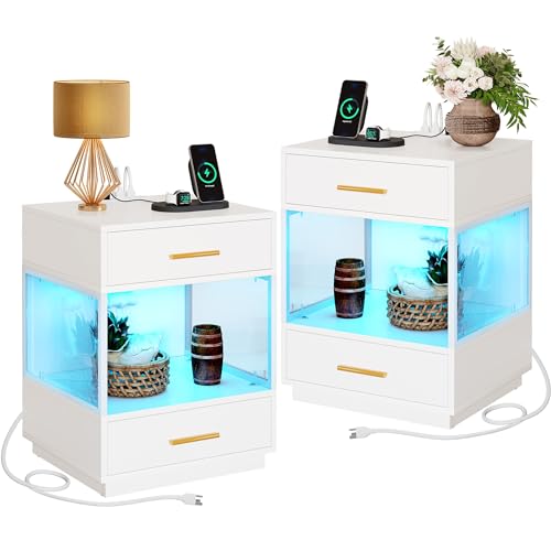 YITAHOME LED Nightstand with Charging Station, Night Stand with Acrylic Storage Shelf, Modern Bedside Tables with 2 Drawers for Bedroom, End Side Table with USB Ports, Set of 2, White - WoodArtSupply