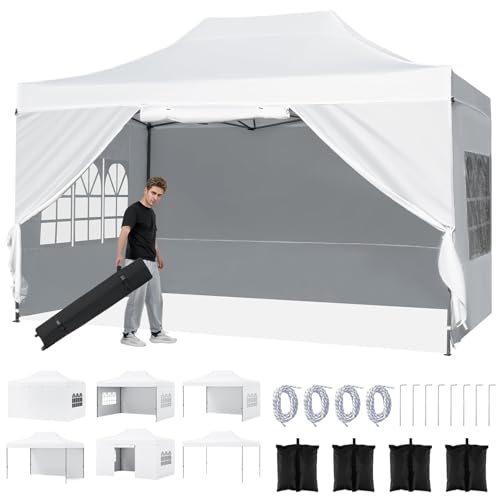 Tangkula 10x14 FT Pop Up Canopy, Outdoor Tent with 4 Sidewalls, Roll-up Door, Wheeled Bag, 4 Sandbags, 8 Stakes, 4 Wind Ropes, Portable Canopy Tent for Beach Party Event Camping (White) Tangkula