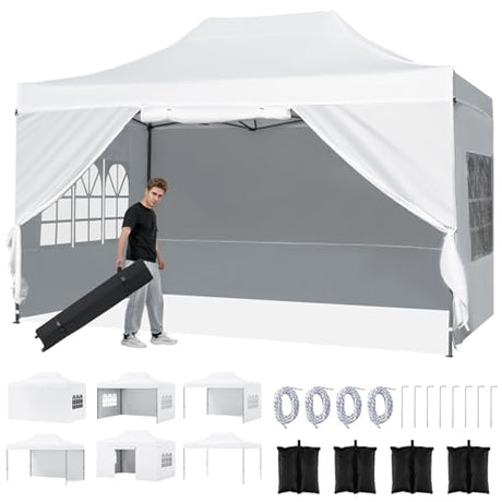 Tangkula 10x14 FT Pop Up Canopy, Outdoor Tent with 4 Sidewalls, Roll-up Door, Wheeled Bag, 4 Sandbags, 8 Stakes, 4 Wind Ropes, Portable Canopy Tent for Beach Party Event Camping (White) Tangkula