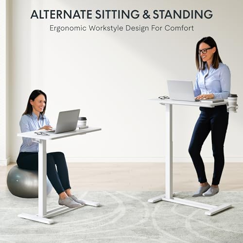 FLEXISPOT H7 Adjustable Overbed Bedside Table with Wheels Pneumatic Mobile Standing Desk Laptop Desk Rolling Computer Cart Movable Overbed Table Hospital Home Use(27.6" W x 15.7" D, White) FLEXISPOT