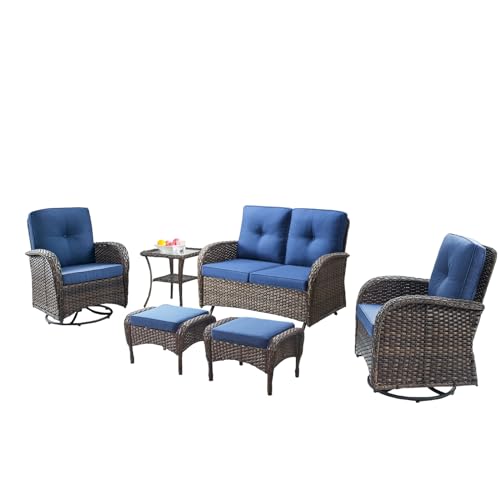 Belord 6 Piece Patio Conversation Sets - Wicker Patio Furniture Sets with Outdoor Swivel Rocker Chairs, Glider Loveseat Perfect for Patio Deck Backyard, Brown Wicker Blue Cushion Belord