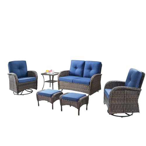 Belord 6 Piece Patio Conversation Sets - Wicker Patio Furniture Sets with Outdoor Swivel Rocker Chairs, Glider Loveseat Perfect for Patio Deck Backyard, Brown Wicker Blue Cushion