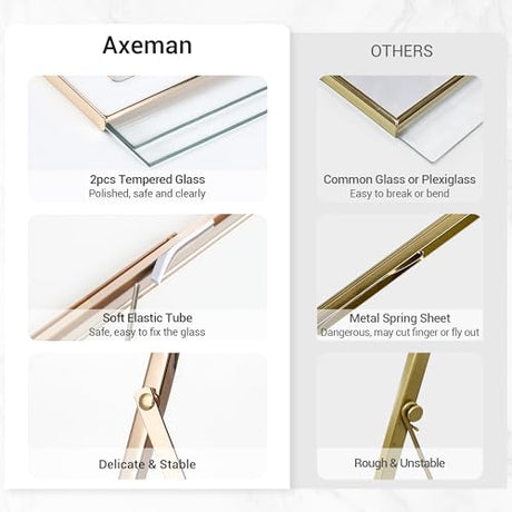Axeman 8x10 Gold Floating Frame White Enamel Picture Frame with Metal Edge for 6x8, 5x7 up to 8x10 Photo Double Glass Floating Picture Frame for Desk Tabletop Shelf Vertical Display Axeman