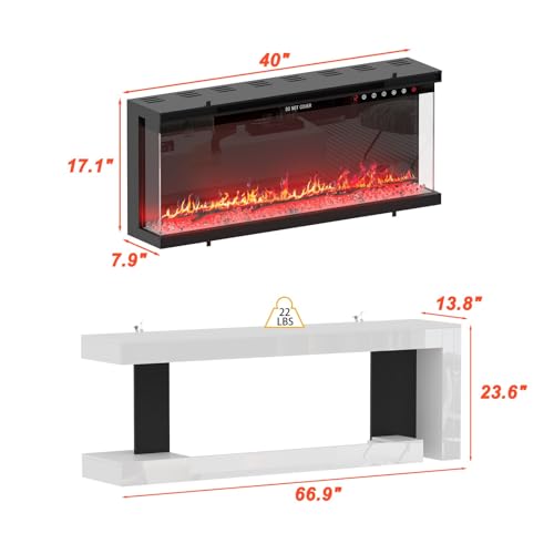 TAMUNE 66.9” Fireplace TV Stand with 40” Electric Fireplace, LED Lights, High Gloss TV Media Console Table, Glossy Entertainment Center for Living Room, White and Black, 13.8”D x 66.9”W x 23.6”H TAMUNE