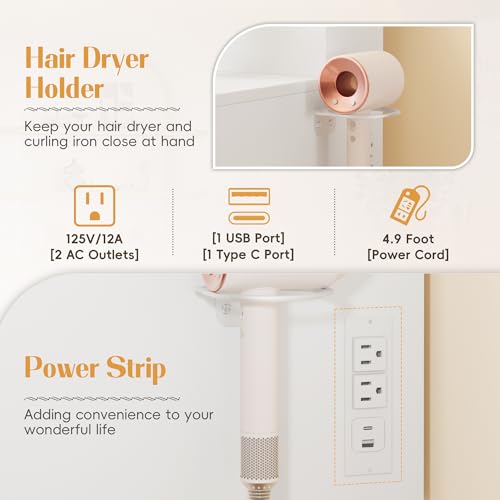 YESHOMY Vanity Desk with Lights and Mirror, L Shaped Makeup Table, Dresser with Hairdryer Holder and Power Outlet, Adjustable 3 Lighting Modes, 5 Drawers and Adjustabled Open Storage Shelves, White YESHOMY