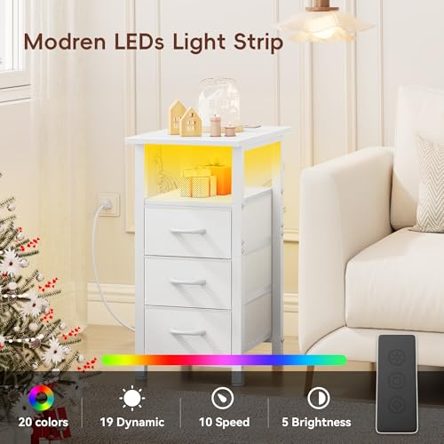 Vagusicc Set of 2 White Nightstand with Charging Station and LED Lights, Narrow End Table, LED Night Stand with 3 Fabric Drawers for Bedroom, Small Bedside Table, Narrow Side Table for Small Spaces Vagusicc