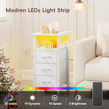 Vagusicc Set of 2 White Nightstand with Charging Station and LED Lights, Narrow End Table, LED Night Stand with 3 Fabric Drawers for Bedroom, Small Bedside Table, Narrow Side Table for Small Spaces Vagusicc