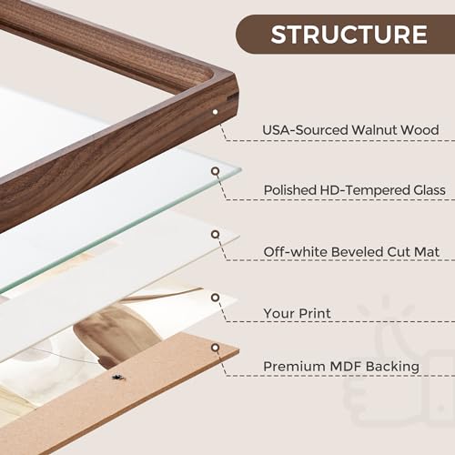 11x14 Picture Frame, USA-Sourced Natural Walnut Wood Photo Frame with Tempered Glass, Handcrafted Rounded Corner 11 x 14 Wooden Frame Matted to 8x10 Photos, Wall or Tabletop Display