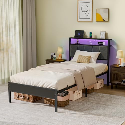 Z-hom Storage Headboard with Charging Station Twin Bed Frame, LED Bed with Upholstered Headboard and Footboard, Metal Platform Bed with 2-Tier Shelves, Easy Assembly, No Box Spring Needed, Noise Free Z-hom