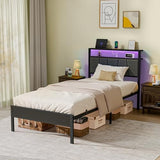 Z-hom Storage Headboard with Charging Station Twin Bed Frame, LED Bed with Upholstered Headboard and Footboard, Metal Platform Bed with 2-Tier Shelves, Easy Assembly, No Box Spring Needed, Noise Free Z-hom