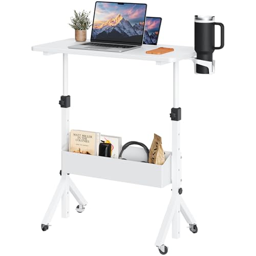 ErGear Mobile Standing Desk with Wheels, Adjustable Height 28.3″ to 46.3″, Rolling Laptop Cart with Cup Holder, Storage Basket, Computer & Pen Slot, Home Office Stand Up Desk, White (31.5″ x 15.75″) ErGear