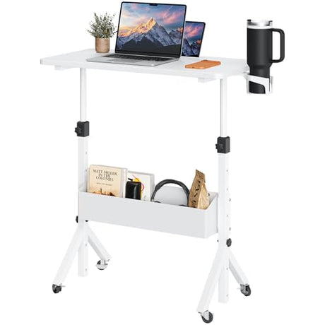 ErGear Mobile Standing Desk with Wheels, Adjustable Height 28.3″ to 46.3″, Rolling Laptop Cart with Cup Holder, Storage Basket, Computer & Pen Slot, Home Office Stand Up Desk, White (31.5″ x 15.75″) ErGear