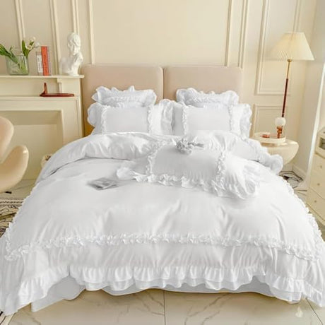 Girls Lace Bedding, Full Comforter Cover Set, Chic Ruffled Duvet Cover with 2 Layers Ruffle,Princess Style 1 Duvet Cover with 2 Pillowcases, No Comforter-White,Full SOUKECHY