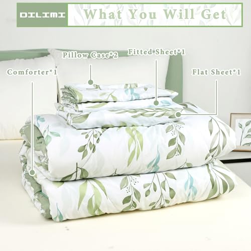 DILIMI Twin Comforter Set for Girls, Reversible 5 Pieces Comforter Twin Size Bed, Green Leaf Ultra Soft Twin Bedding Sets with Comforter, Flat Sheet, Fitted Sheet, 2 Pillowcase DILIMI