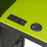 Twin Size Gaming Loft Bed with Lights & USB Ports & Dual Desk for 2 Teens Adults,Wood L-Shaped Loft Bed Frame with Double twin Beds, TV Stand,Storage Shelves and Ladders for Gamers Teens Adults,Green FUvellamo