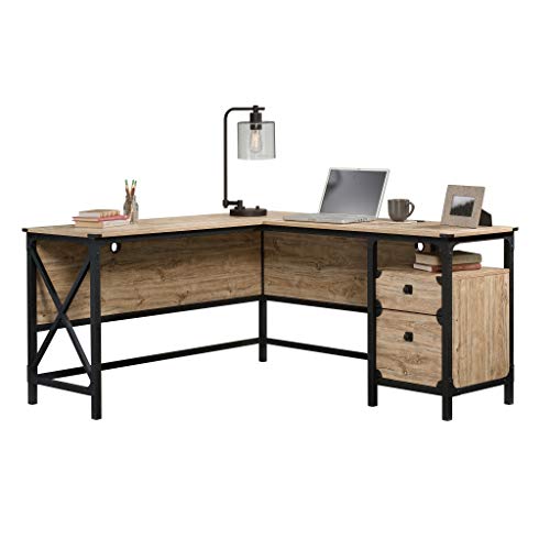 Sauder Steel River L-Shaped Desk, L: 59.84" x W: 57.32" x H: 29.53", Milled Mesquite Finish - WoodArtSupply