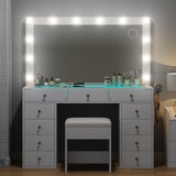 Vanity Desk with Mirror, Makeup Table with Power Outlet and 11 Lights, Set 3 Lighting with RGB Drawers, Vanity Table with 11 Drawers and Cushioned Stool for Bedroom, Dressing Room (White) CollaredEagle