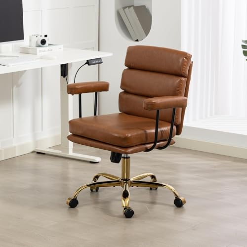 WiNVO Faux Leather Home Office Desk Chair, Gold Base Makeup Vanity Chair with Wheels, Padded Seat and Armrests, Adjustable Height Swivel Executive Computer Chair, Brown WiNVO