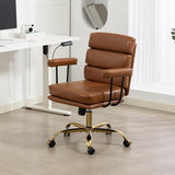 WiNVO Faux Leather Home Office Desk Chair, Gold Base Makeup Vanity Chair with Wheels, Padded Seat and Armrests, Adjustable Height Swivel Executive Computer Chair, Brown WiNVO