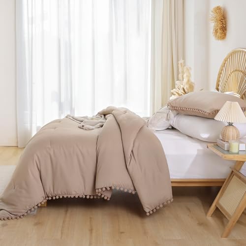 YIRDDEO Twin Comforter Set - Comforter Twin Size Bed with Ball Pom Fringe, Soft Bedding Set for All Seasons - 2 Pieces, 1 Comforter (66"x90") & 1 Pillow Sham(20"x26"), Taupe YIRDDEO