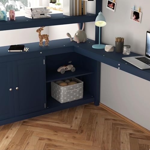 Bellemave Full Size Wood Loft Bed with L-Shaped Desk and Wardrobe,Wooden Loft Bed Frame with Bookshelf and Bookcase Headboard for Kids Teens Adults,Dark Blue Bellemave
