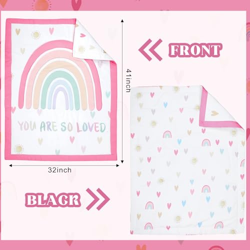 Hahafelt 3 Piece Rainbow Boho Crib Bedding Set for Girls Inspirational Quote Pink Baby Crib Bedding Set Standard Size Nursery Bedding Includes Fitted Crib Sheet,Comforter, Crib Skirt Hahafelt