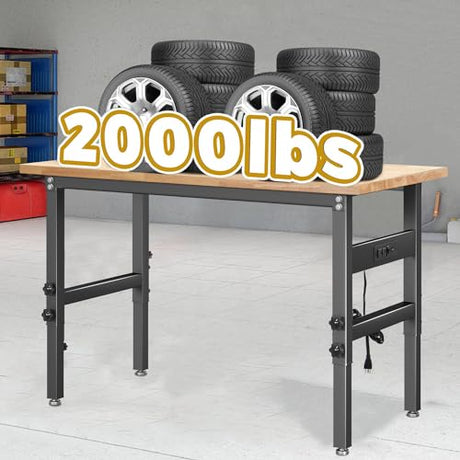 48" Workbench Desk with Power Outlets, Adjustable Height Rubber Wood Top Heavy-Duty Work Table, 2000 LBS Load Capacity Work Station for Garage, Workshop, Office, Home QYDS US