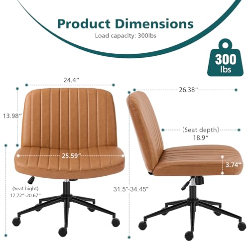 OLIXIS Criss Cross Chair with Wheels Wide Cross Legged Office Desk Vanity Chair Comfy Fabric Armless Adjustable Swivel for Home Computer Task PU Brown OLIXIS